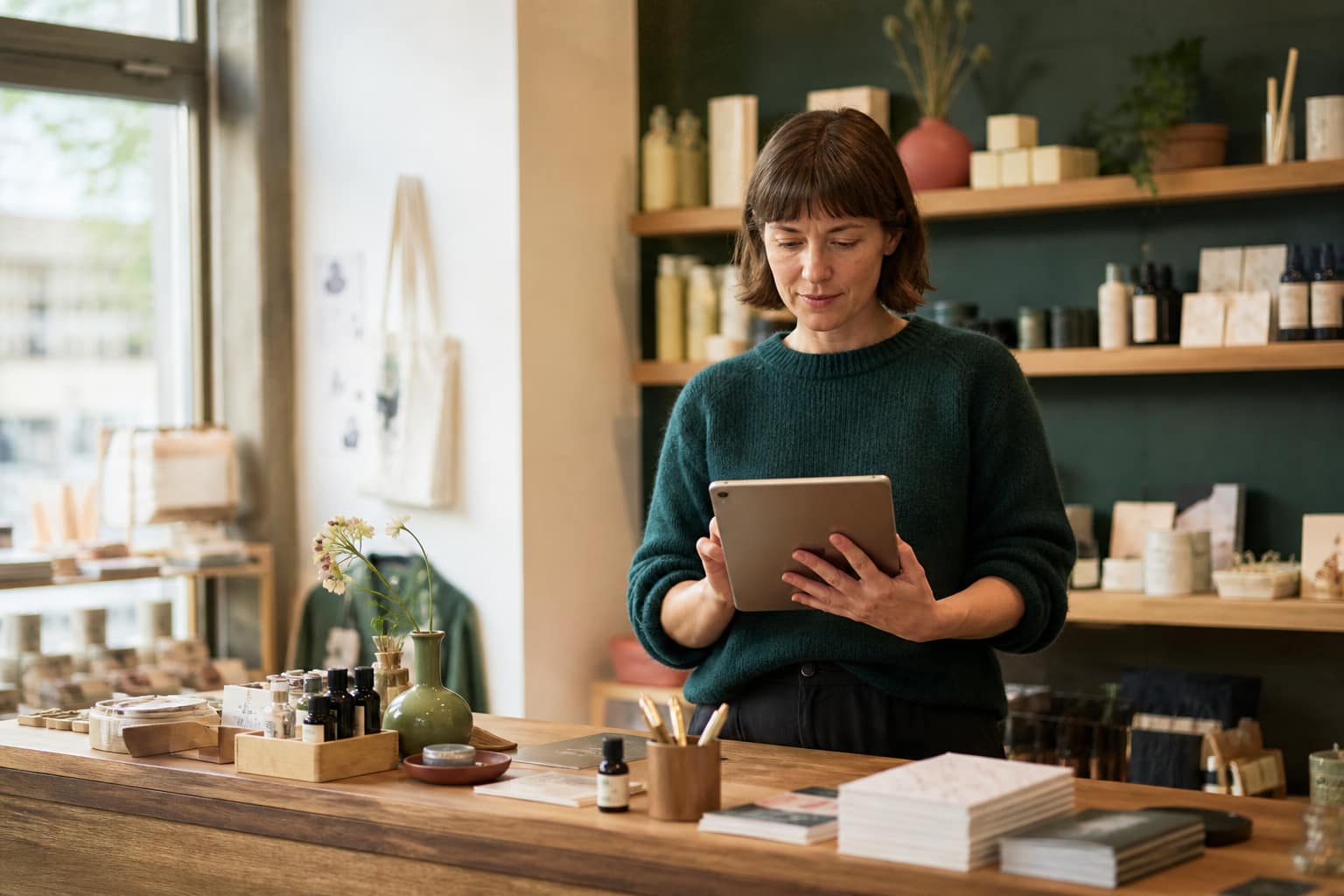 Inhaberin eines kleinen Fachgeschäfts prüft an einem hellen Holztresen einen digitalen Ablauf auf einem Tablet