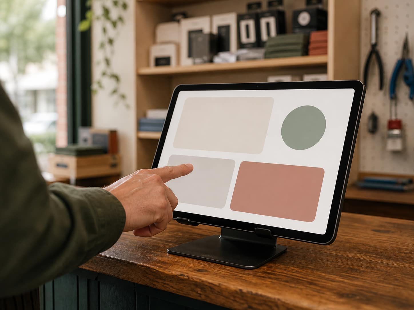 Tablet auf dem Tresen eines kleinen Reparatur- und Fachgeschäfts mit neutralen, nicht lesbaren Flächen als technische Vorschau