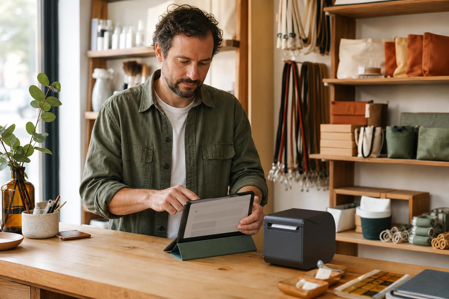 Inhaber eines kleinen Fachgeschäfts richtet an seinem Tresen einen neutral dargestellten digitalen Kassenarbeitsplatz ein