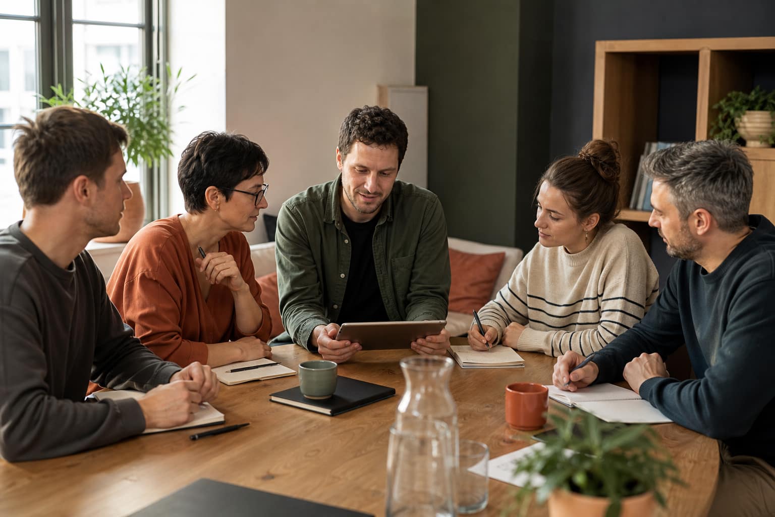 Fünfköpfiges fiktives Projektteam bespricht gemeinsam einen digitalen Arbeitsablauf auf einem Tablet